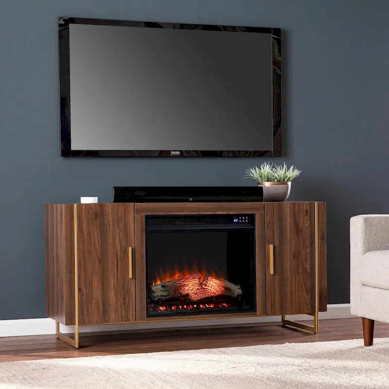 Meuble TV avec cheminée électrique en bois brun de style contemporain, compatible avec les téléviseurs jusqu'à 52 pouces, de la marque SEI Furniture