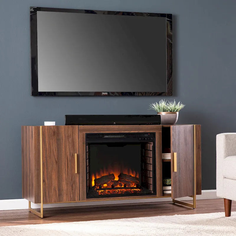 Meuble TV avec cheminée électrique en bois brun de style contemporain, compatible avec les téléviseurs jusqu'à 52 pouces, de la marque SEI Furniture