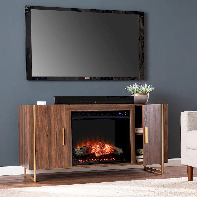 Meuble TV avec cheminée électrique en bois brun de style contemporain, compatible avec les téléviseurs jusqu'à 52 pouces, de la marque SEI Furniture