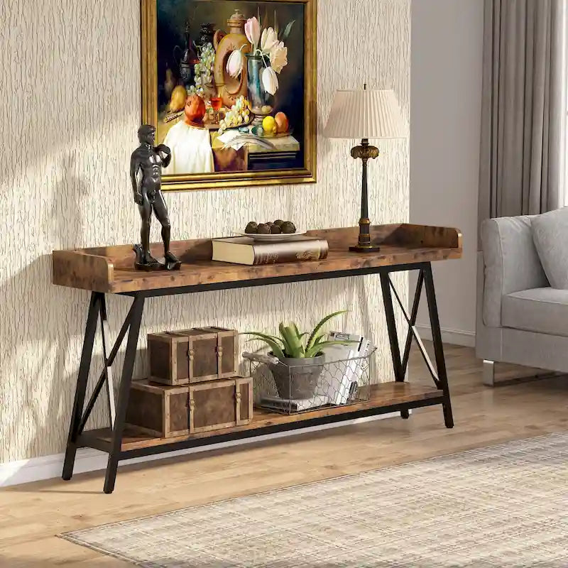 Table d'entrée de 180 cm de long, Console étroite derrière le canapé Marron