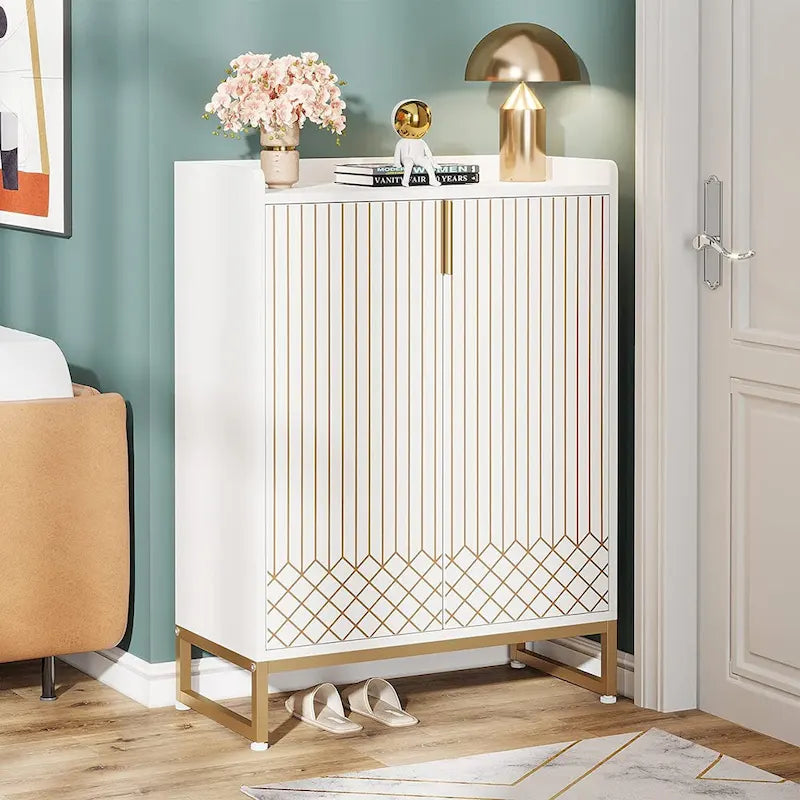 Meuble à chaussures 5 niveaux avec portes, 25 paires, organisateur de chaussures en bois blanc