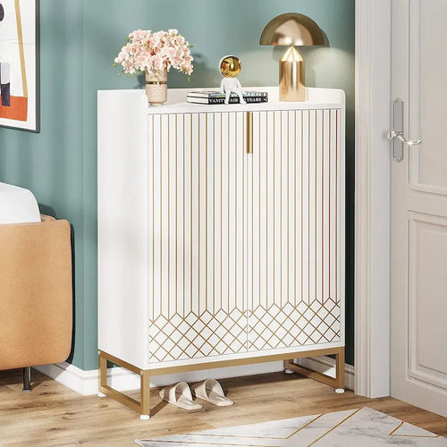 Meuble à chaussures 5 niveaux avec portes, 25 paires, organisateur de chaussures en bois blanc