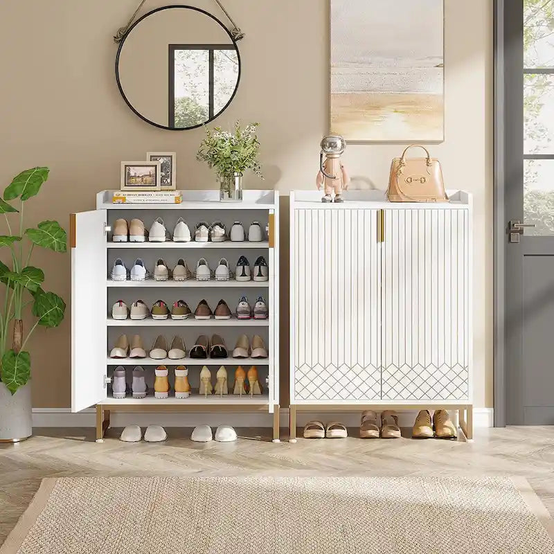 Meuble à chaussures 5 niveaux avec portes, 25 paires, organisateur de chaussures en bois blanc