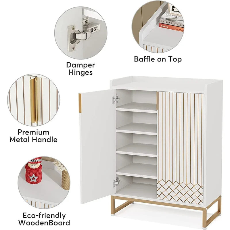 Meuble à chaussures 5 niveaux avec portes, 25 paires, organisateur de chaussures en bois blanc