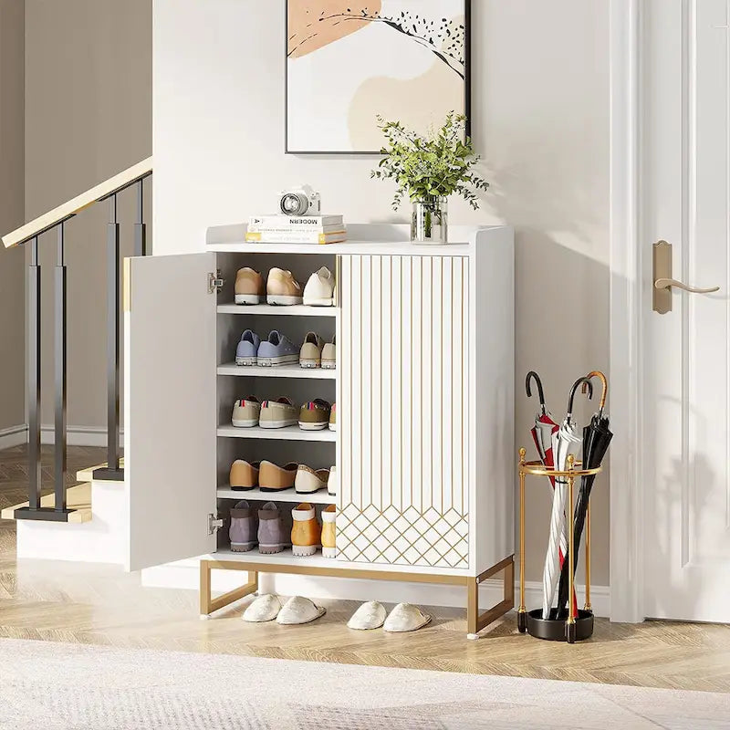 Meuble à chaussures 5 niveaux avec portes, 25 paires, organisateur de chaussures en bois blanc