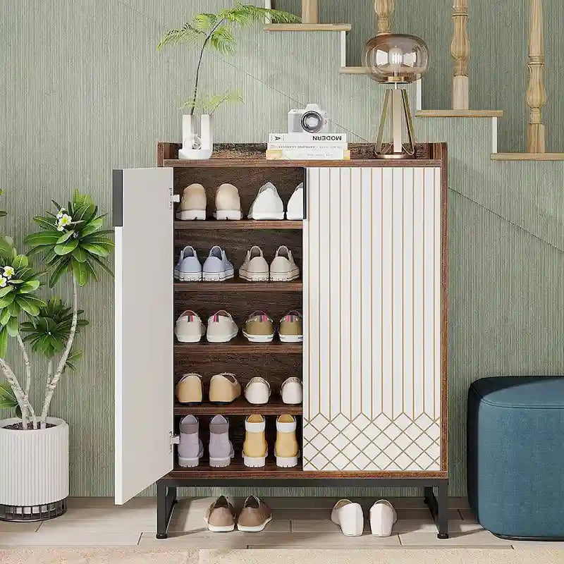 Meuble à chaussures 5 niveaux avec portes, 25 paires, organisateur de chaussures en bois blanc