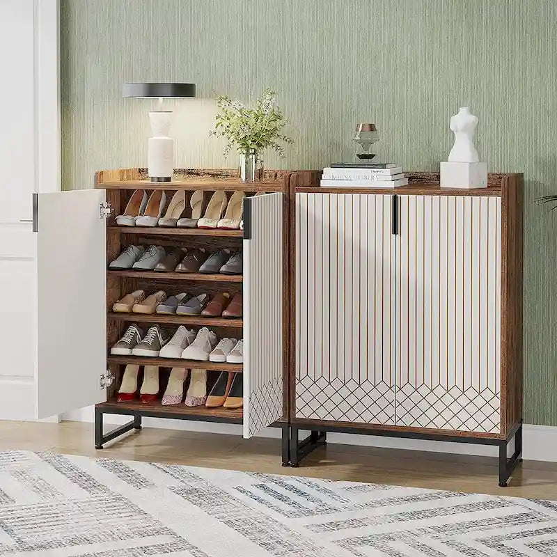 Meuble à chaussures 5 niveaux avec portes, 25 paires, organisateur de chaussures en bois blanc