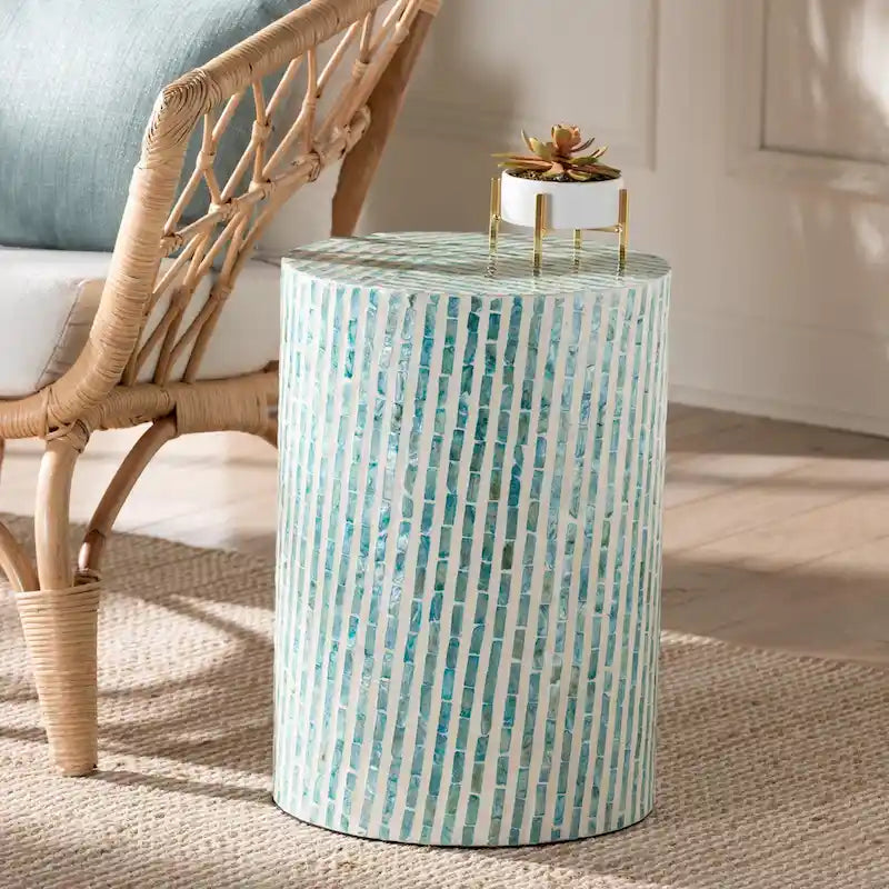 Table d'appoint en nacre blanc et bleu, style bohème moderne