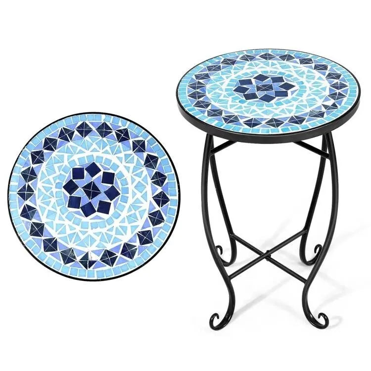 Table d'appoint ronde en mosaïque bleue pour l'intérieur/extérieur, support de plantes - 14 larg. x 14 prof. x 21 haut.