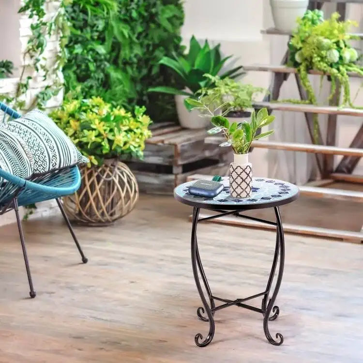 Table d'appoint ronde en mosaïque bleue pour l'intérieur/extérieur, support de plantes - 14 larg. x 14 prof. x 21 haut.
