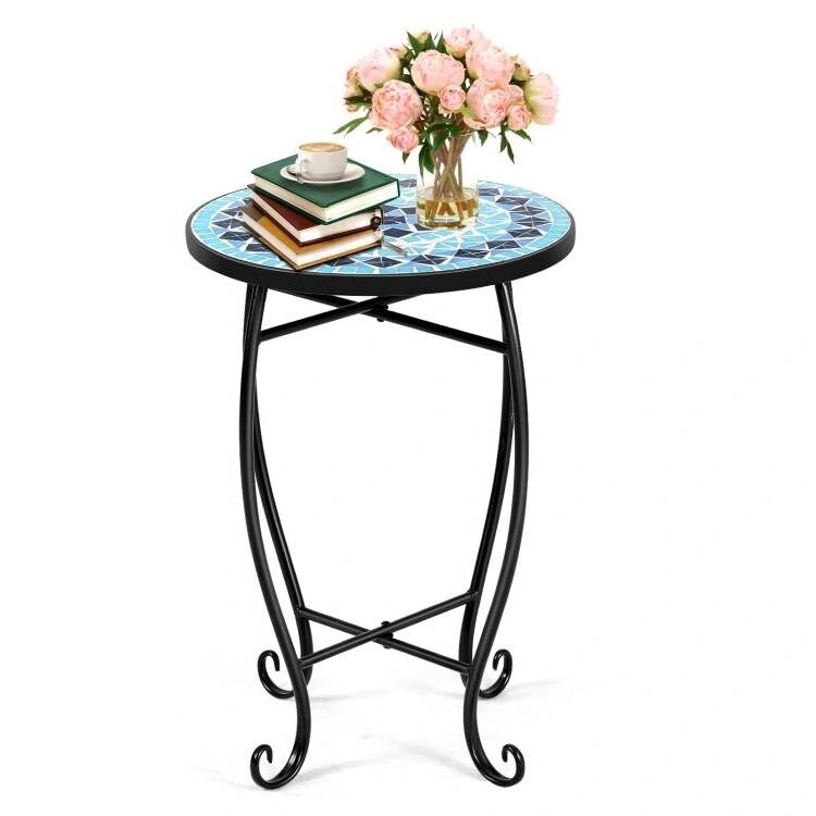 Table d'appoint ronde en mosaïque bleue pour l'intérieur/extérieur, support de plantes - 14 larg. x 14 prof. x 21 haut.
