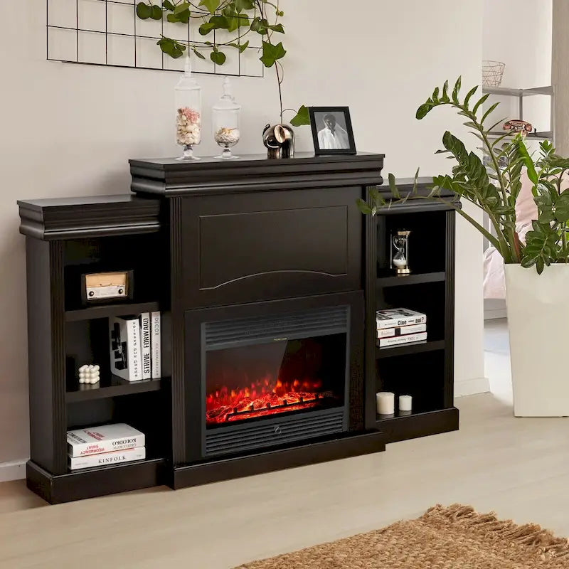 Meuble TV marron de 70 pouces avec bibliothèque et foyer électrique - 70 x 11 x 45 (L x l x H)