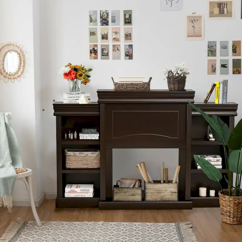 Meuble TV marron de 70 pouces avec bibliothèque et foyer électrique - 70 x 11 x 45 (L x l x H)