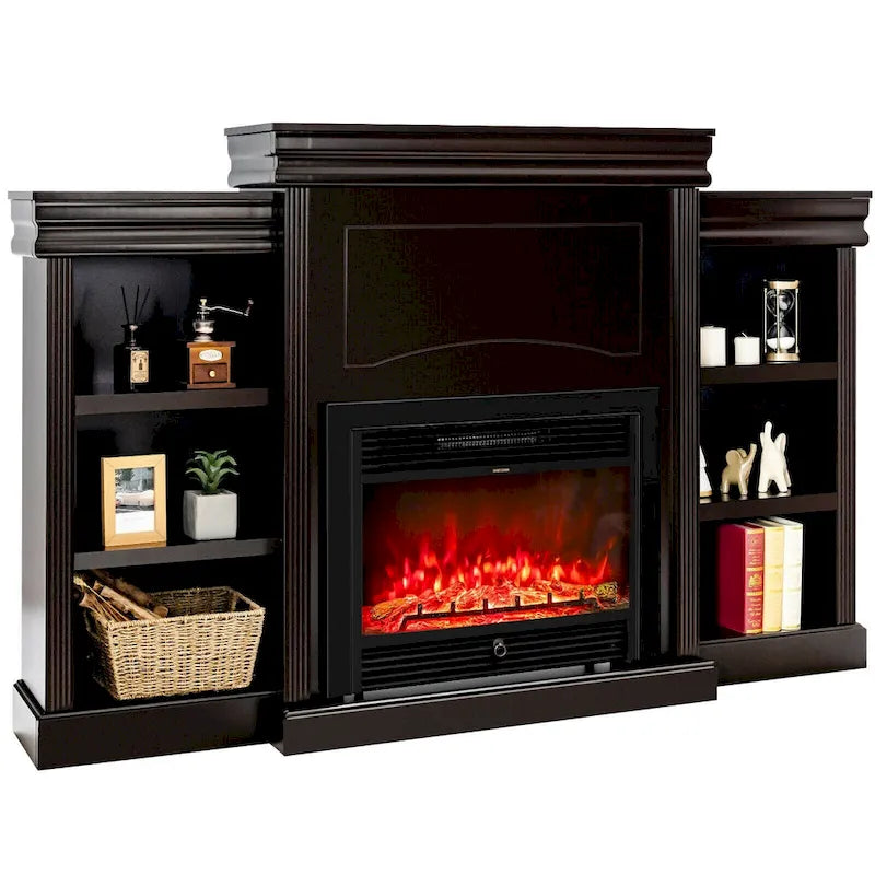 Meuble TV marron de 70 pouces avec bibliothèque et foyer électrique - 70 x 11 x 45 (L x l x H)
