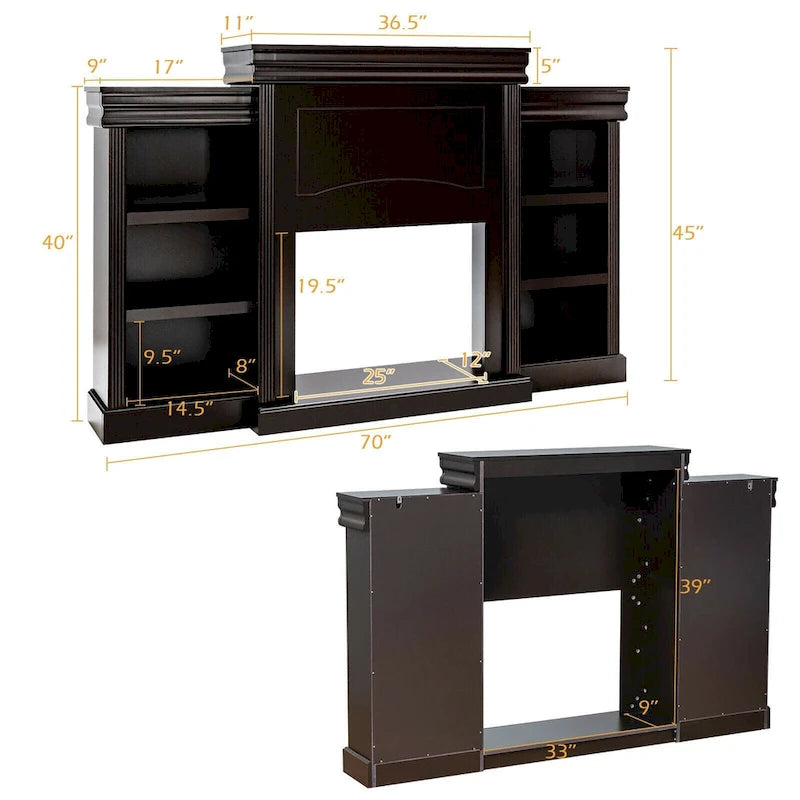 Meuble TV marron de 70 pouces avec bibliothèque et foyer électrique - 70 x 11 x 45 (L x l x H)