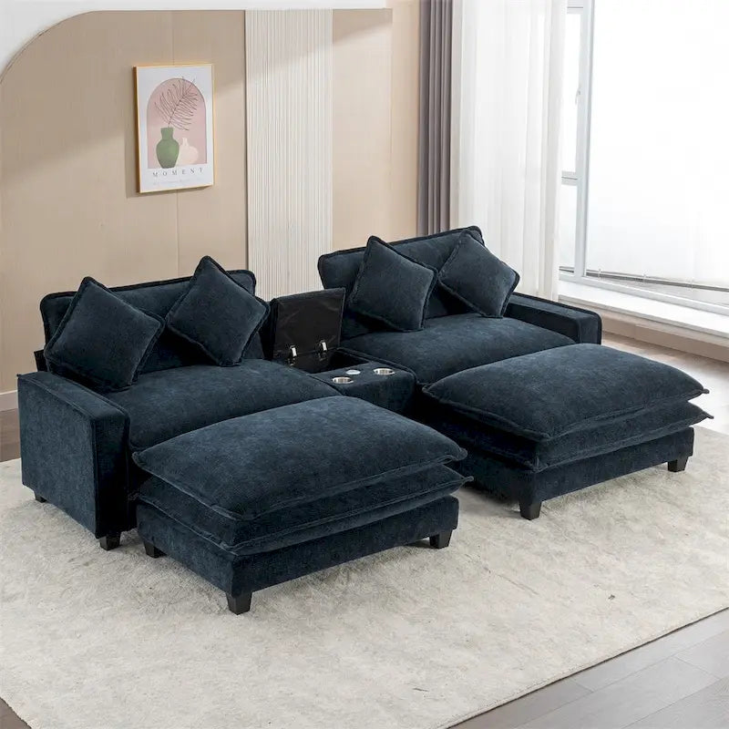 Canapé d'angle rembourré en chenille de 112,6 po avec 2 poufs amovibles