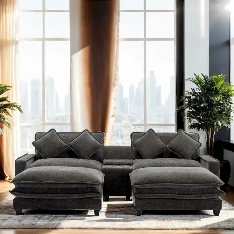 Canapé d'angle rembourré en chenille de 112,6 po avec 2 poufs amovibles