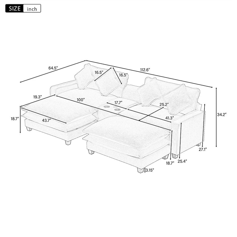 Canapé d'angle rembourré en chenille de 112,6 po avec 2 poufs amovibles