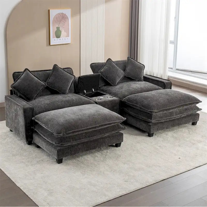 Canapé d'angle rembourré en chenille de 112,6 po avec 2 poufs amovibles