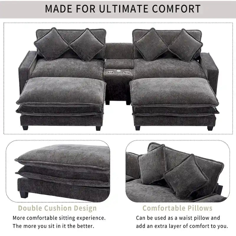 Canapé d'angle rembourré en chenille de 112,6 po avec 2 poufs amovibles