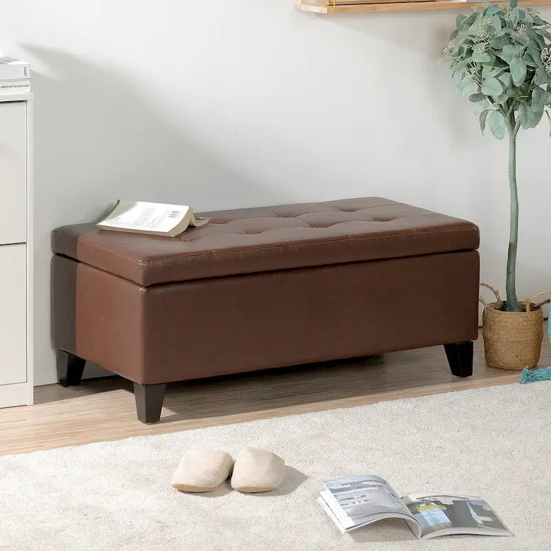 Pouffe de rangement avec pieds en bois, pouffe en similicuir avec rangement pour le salon, la chambre et le couloir