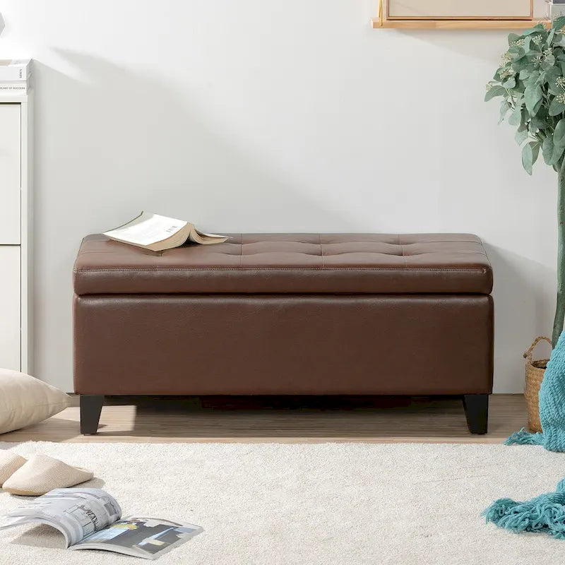 Pouffe de rangement avec pieds en bois, pouffe en similicuir avec rangement pour le salon, la chambre et le couloir