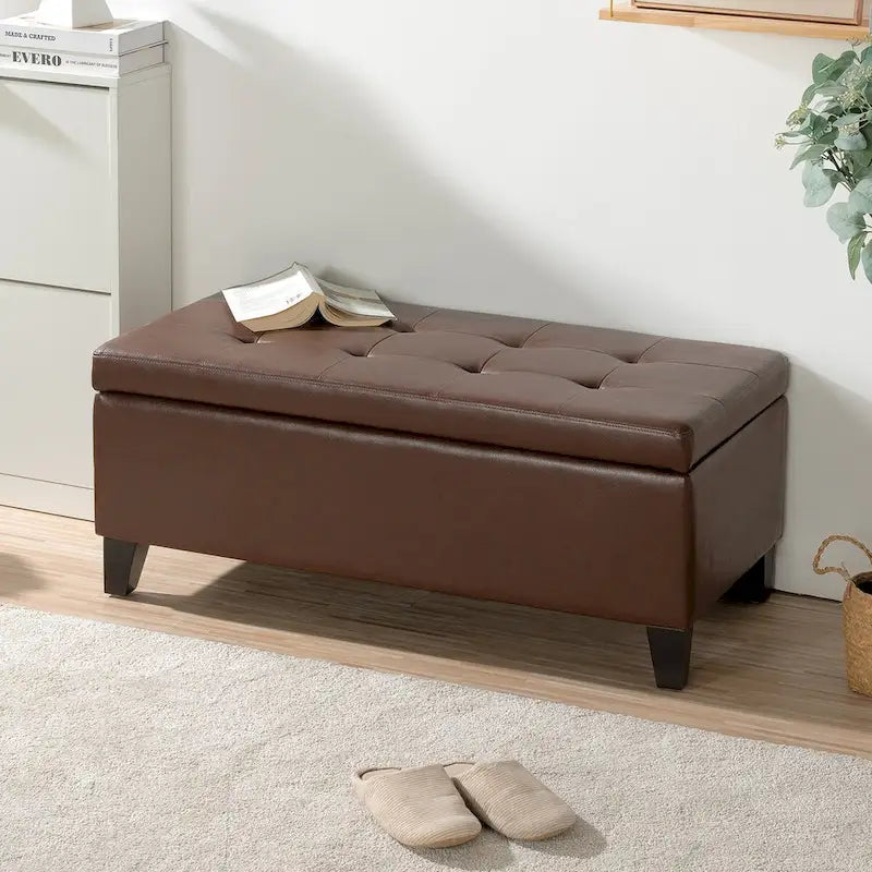Pouffe de rangement avec pieds en bois, pouffe en similicuir avec rangement pour le salon, la chambre et le couloir