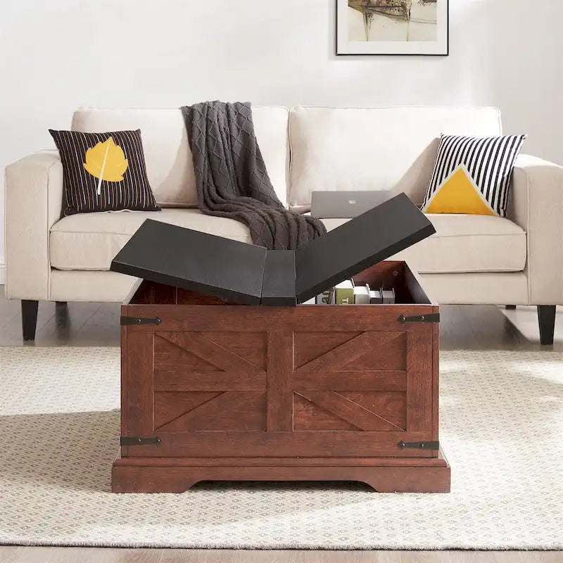 Table basse de ferme, Table basse carrée en bois avec compartiment de rangement