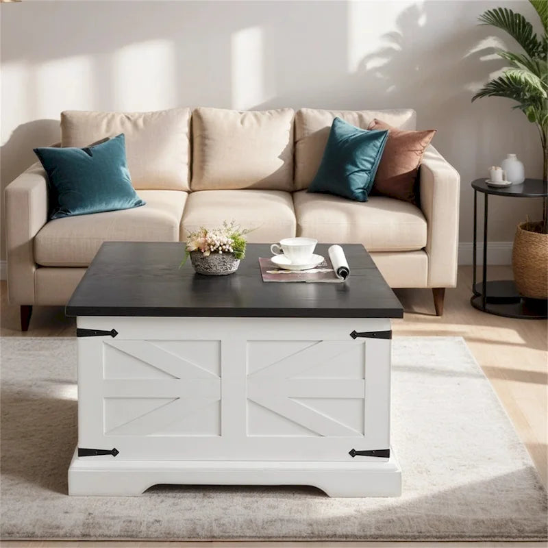 Table basse de ferme, Table basse carrée en bois avec compartiment de rangement