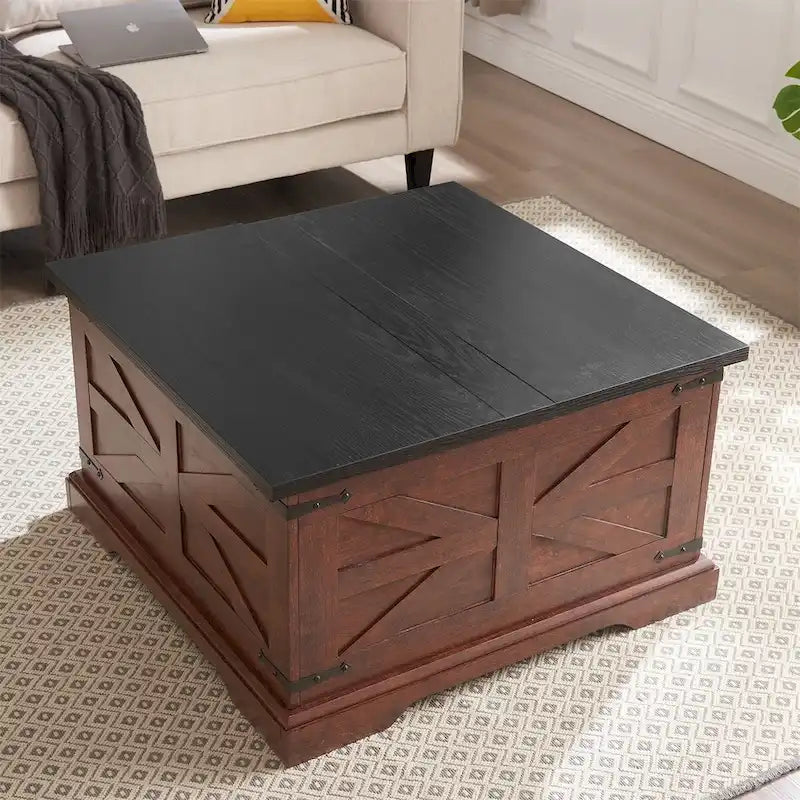 Table basse de ferme, Table basse carrée en bois avec compartiment de rangement