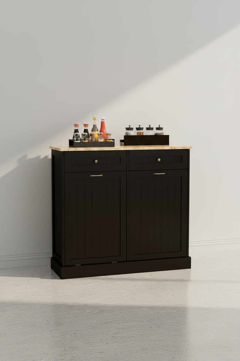 Two Drawers and Two-Compartment Tilt-Out Trash Cabinet Kitchen Trash Cabinet-Black