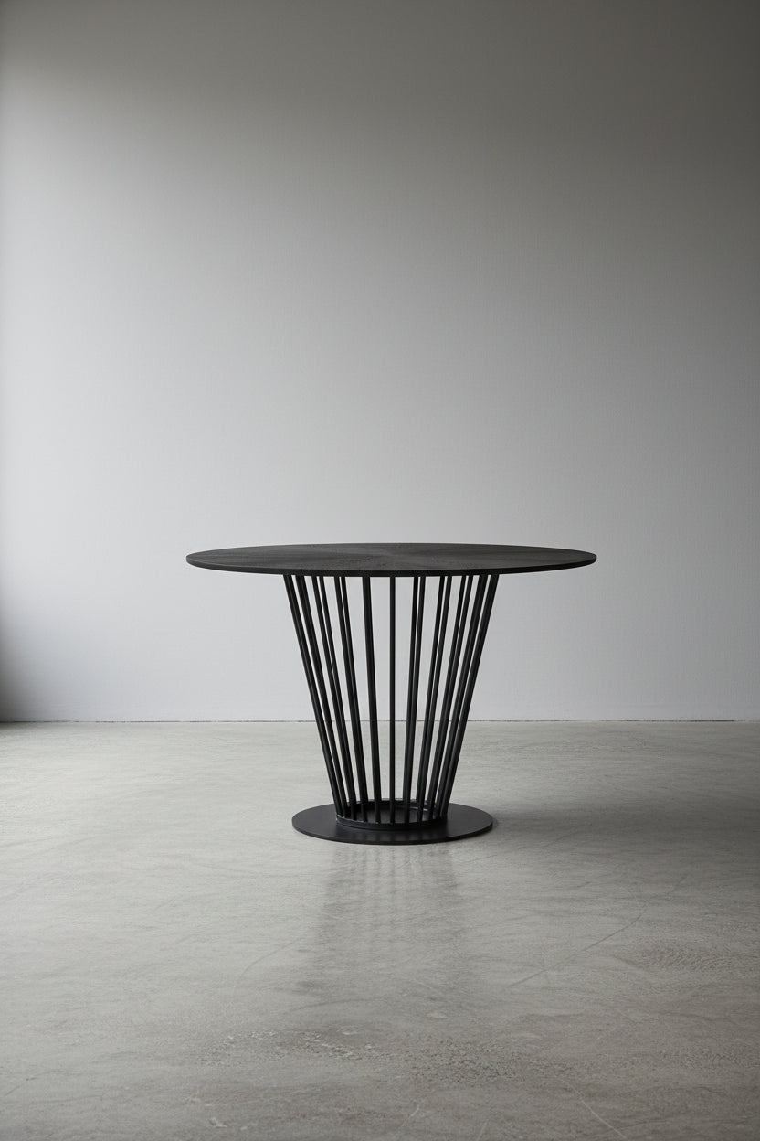 47 Inch Dining Table, Round Top, Modern Black Iron Metal Pedestal Base